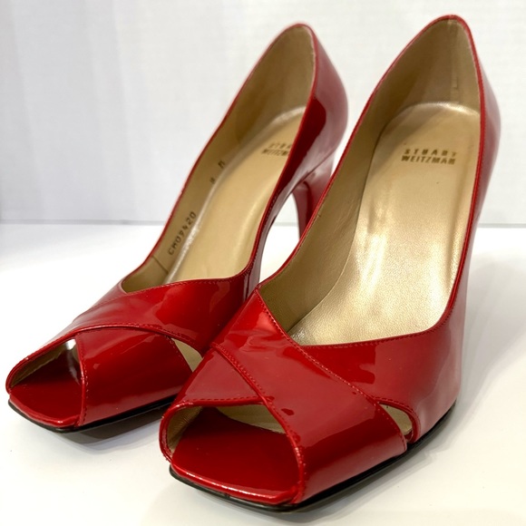 EUC Stuart Weitzman Max Red Quasar Patent Leather Peep Toe Heels - Picture 2 of 9